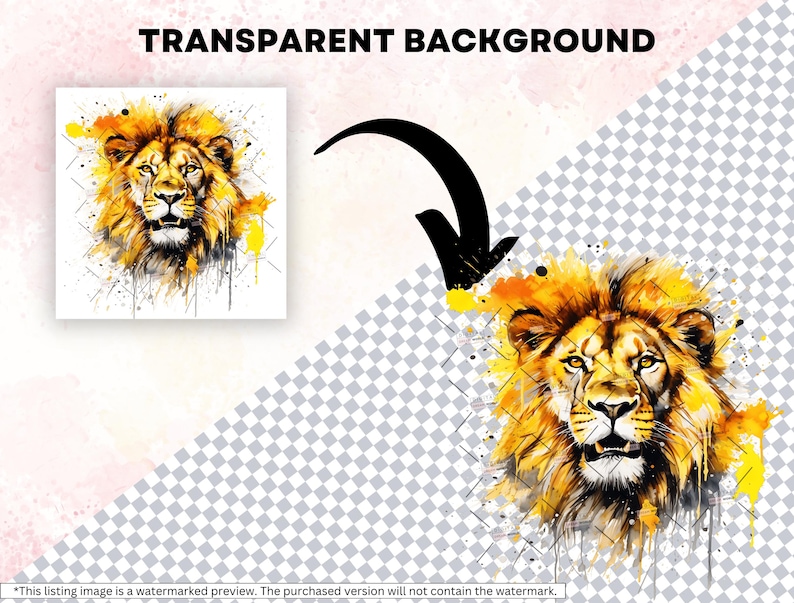 May include: A watercolor painting of a lion's head with yellow, orange, and brown fur. The lion is looking directly at the viewer with a serious expression. The background is a transparent checkered pattern.