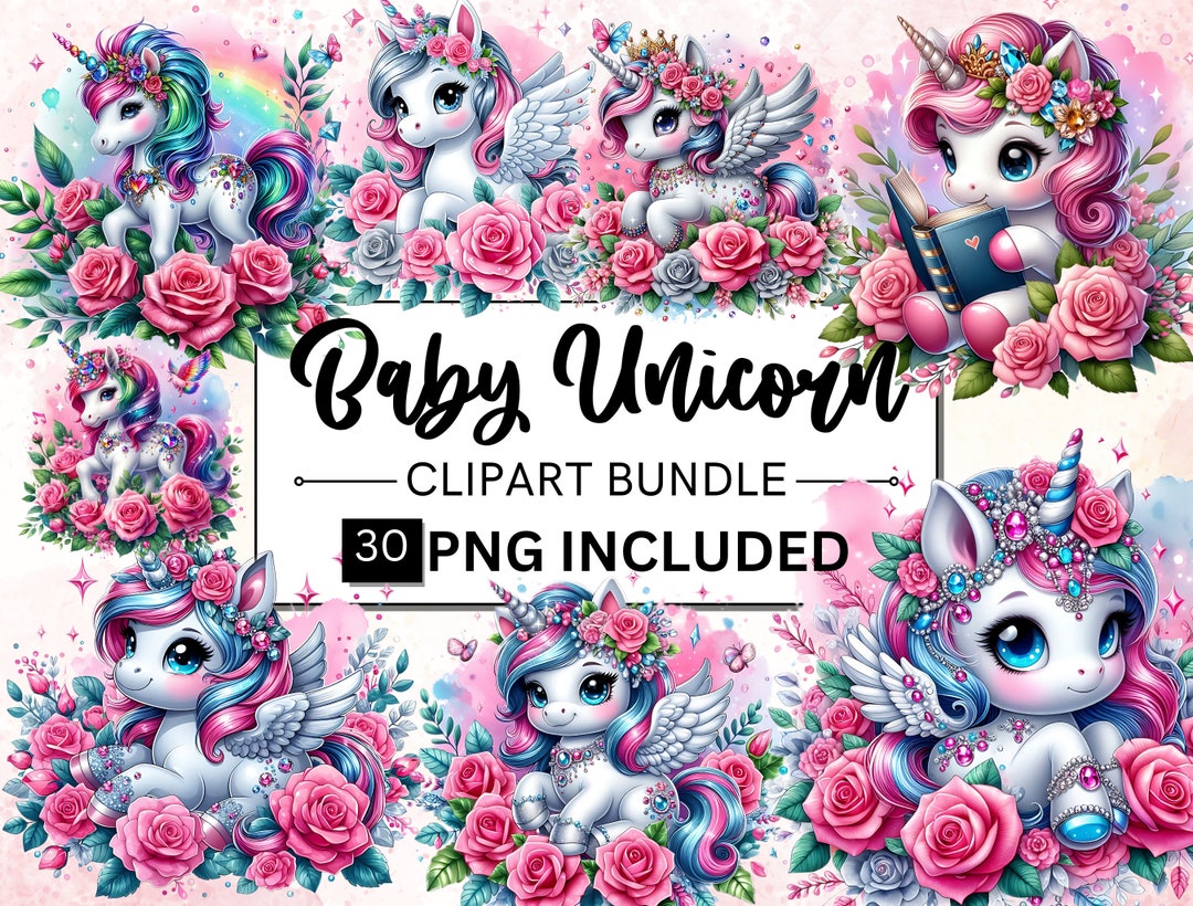 30 Watercolor Baby Unicorn Clipart Bundle, Rainbow Unicorn PNG, Unicorn ...