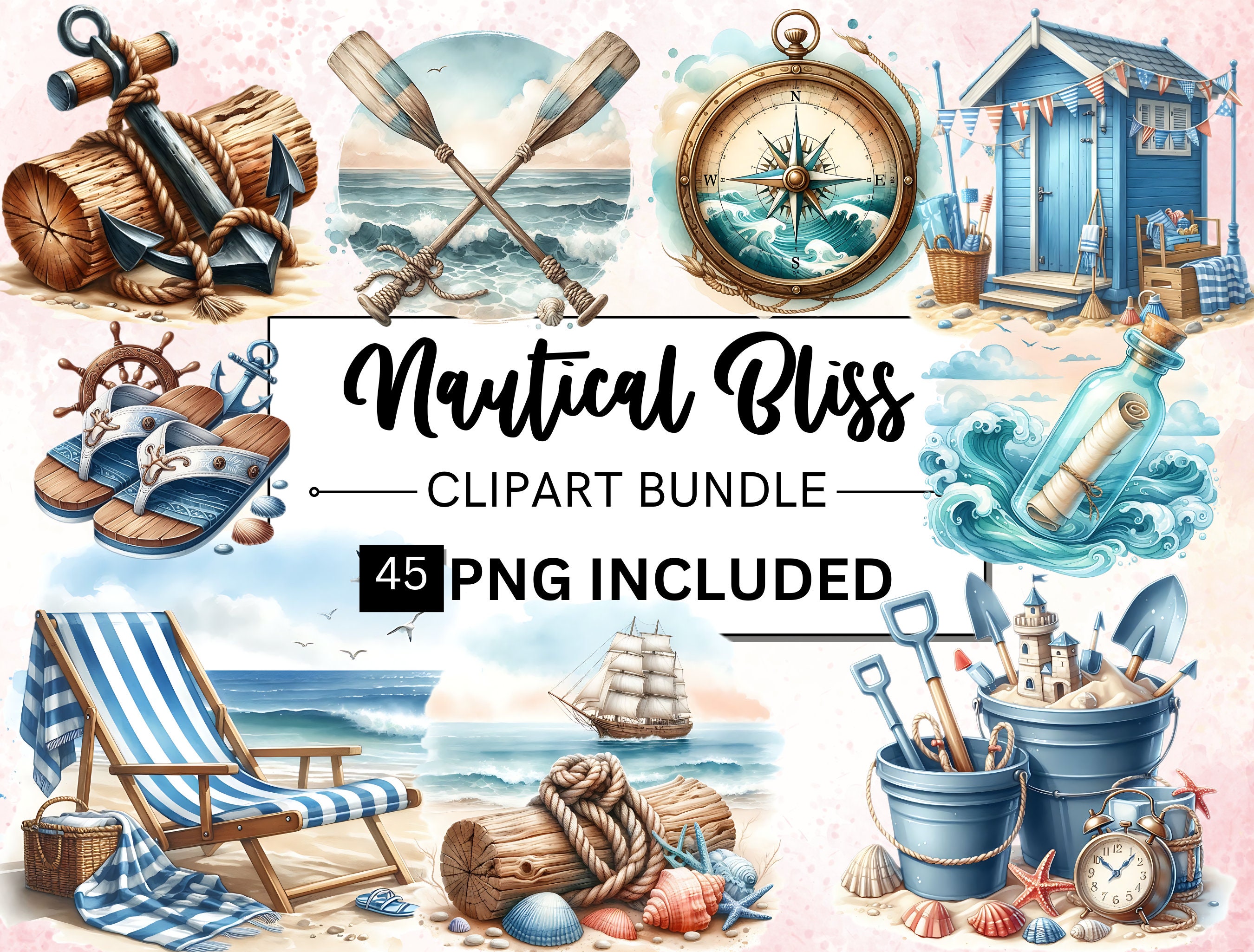 Watercolor Nautical Clipart Bundle, Summer Beach PNG (45 Images) - Etsy