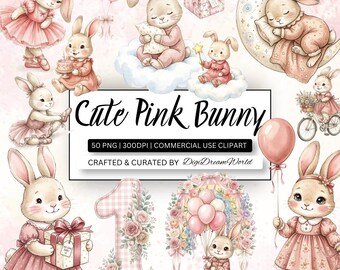 50 Pink Bunny Clipart Bundle, Baby Girl Bunny PNG, First Birthday Clipart, Floral Bunny Clipart, Baby Shower PNG, Cute Bunny Commercial Use