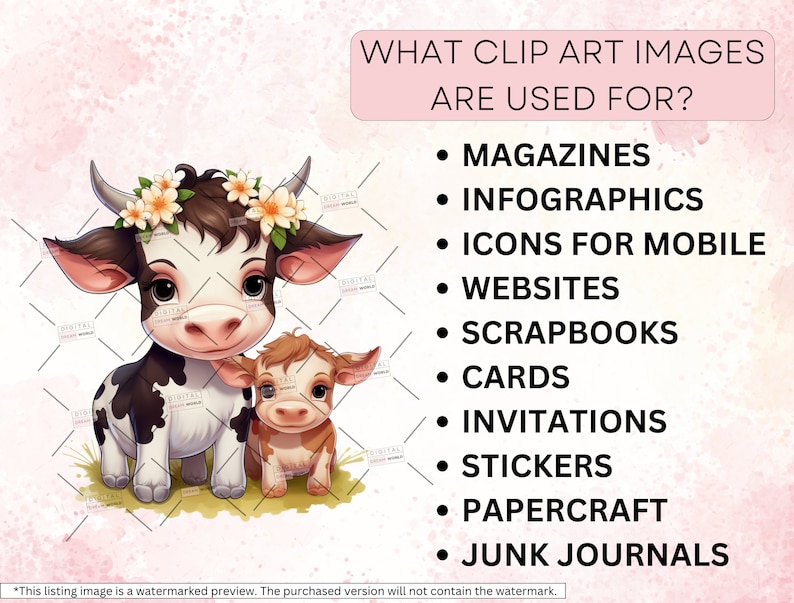 Op de afbeelding: Een digitale illustratie van twee koeien met bloemen in hun haar. De tekst "WHAT CLIP ART IMAGES ARE USED FOR?" staat bovenaan de afbeelding. Onder de koeien staat een lijst met toepassingen voor clip art-afbeeldingen, waaronder tijdschriften, infographics, pictogrammen voor mobiel, websites, scrapbooken, kaarten, uitnodigingen, stickers, papierkunst en junk journals.