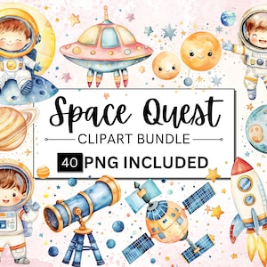 40 bundle di clipart spaziali ad acquerello, clipart PNG per bambini astronauti, clipart pianeti, clipart PNG razzi, stelle e luna PNG, download immediato