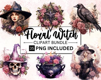 35 PNG Watercolor Vintage Floral Witch Clipart, Witch Clipart png, Witch Bundle, witchcraft png, Roses Witchcraft Clip art, Magic clip art
