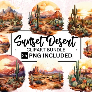 25 Clipart de aquarela árido deserto, clipart de paisagem do deserto, clipart de pôr do sol do deserto PNG, clipart de cacto do deserto, clipart de cactos, CommercialUSE