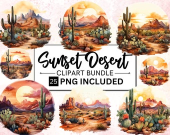 25 Watercolor Arid Desert Clipart, Desert Landscape Clipart, Sunset Desert Clipart PNG, Desert Cactus Clipart, Cacti Clip Art, CommercialUSE