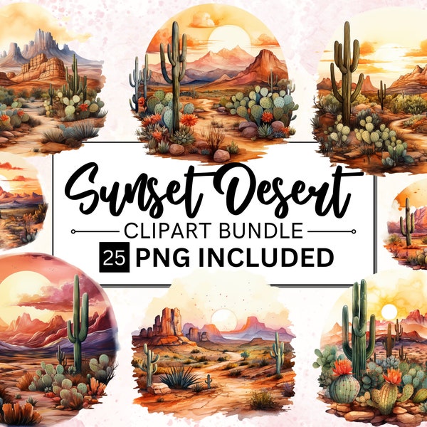 25 Watercolor Arid Desert Clipart, Desert Landscape Clipart, Sunset Desert Clipart PNG, Desert Cactus Clipart, Cacti Clip Art, CommercialUSE