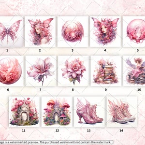 May include: A set of 14 digital illustrations featuring a variety of whimsical and magical themes. The illustrations are in a pink and white color scheme and feature butterflies, flowers, fairies, and other fantasy elements.