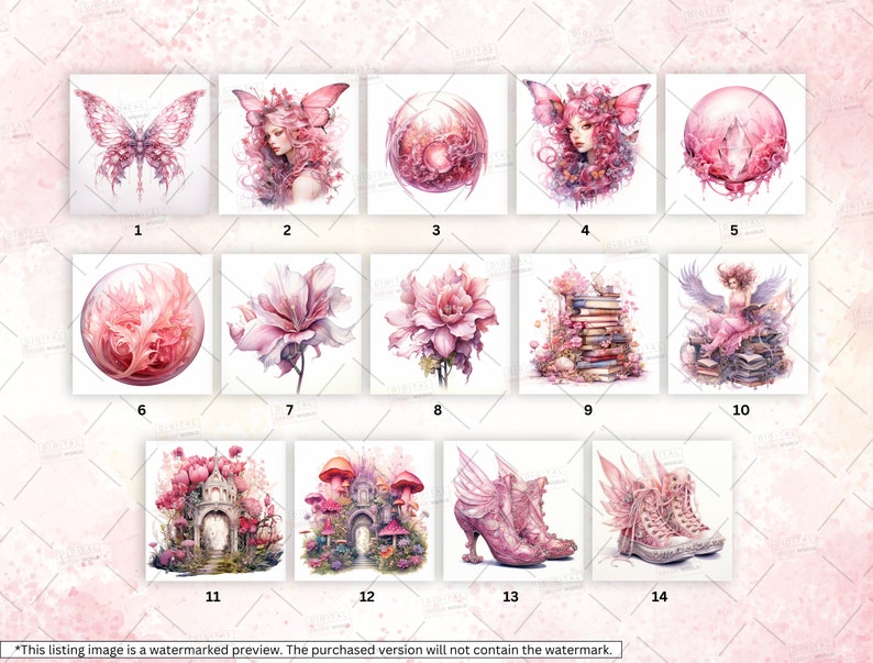 May include: A set of 14 digital illustrations featuring a variety of whimsical and magical themes. The illustrations are in a pink and white color scheme and feature butterflies, flowers, fairies, and other fantasy elements.