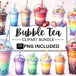 25 Pacote de clipart de chá de bolha em aquarela, Boba Tea PNG, Bubble Milk Tea Clip Art, Boba Clipart, Bubble Tea PNG, uso comercial, instantâneo PNG