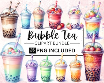 Watercolor Bubble Tea Clipart Bundle, Boba Tea PNG (25 Files)