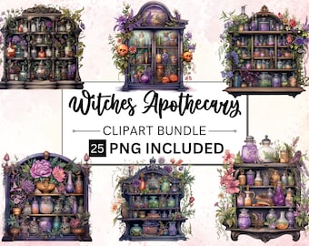 25 PNG Watercolor Witches Apothecary Cabinet Clipart, Wiccan png, magic clip art, mystical clipart, witchcraft png clipart, Potion clipart