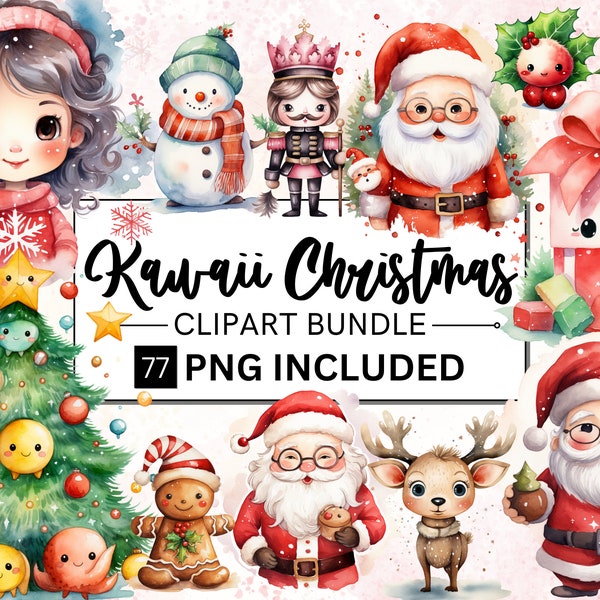77 Cute Kawaii Christmas Clipart Bundle, Cute Christmas Graphics, Watercolor Xmas clipart, Santa Claus, Reindeer, Snowman, Elf, Gingerbread