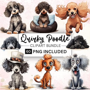 60 Funny Poodle Clipart PNG Bundle, Whimsical Dogs Sublimation Clipart, Funny Toy Poodle Dog, Cartoon Animal, Digital Prints, Scrapbooking