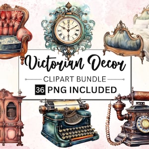 36 PNG Watercolor Victorian Decor Clipart, Vintage Decor png bundle, Victorian era Decor clip art png, vintage antique objects and overlays