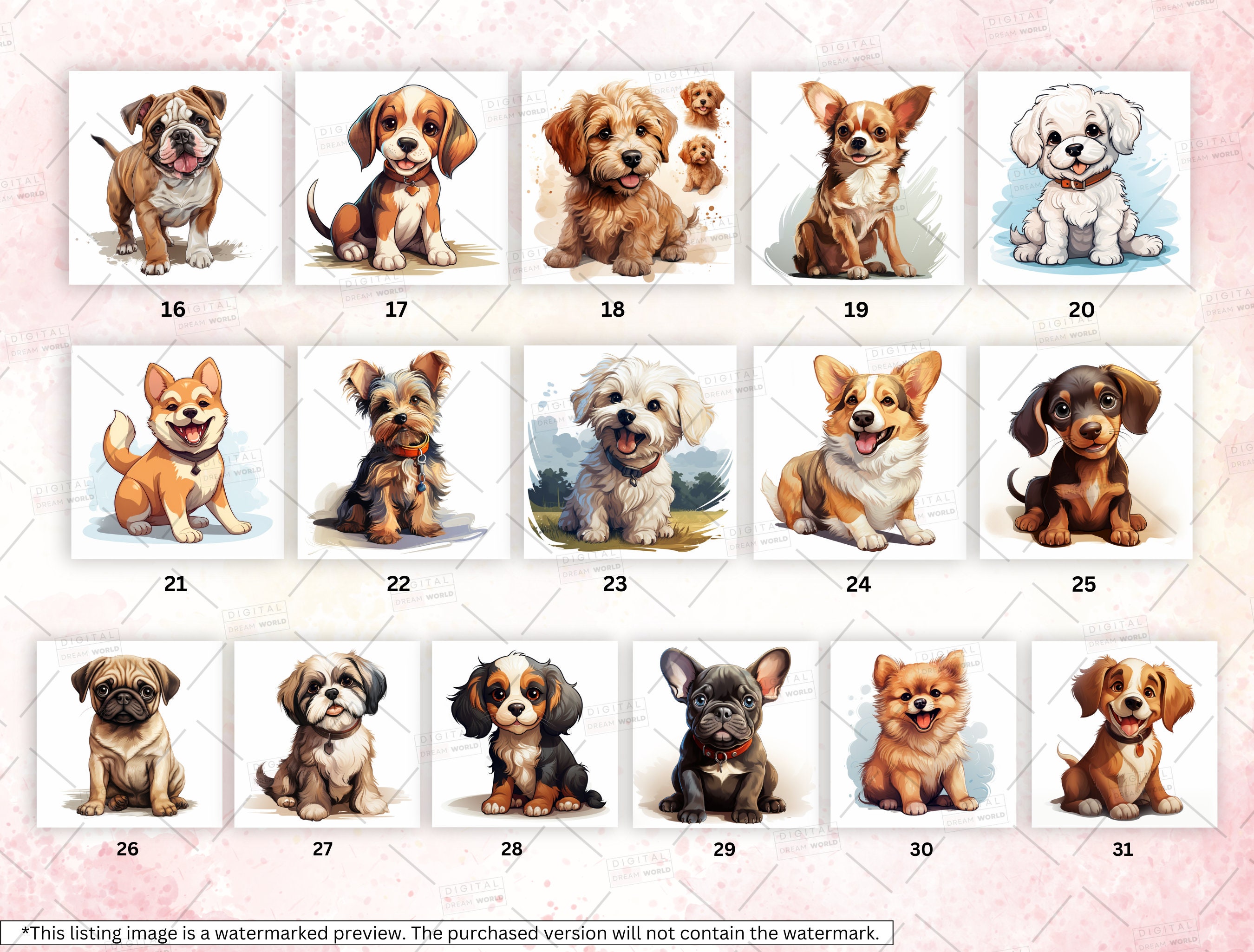 水彩画風子犬クリップアート集、漫画スタイル（PNG画像31点） - Etsy 日本