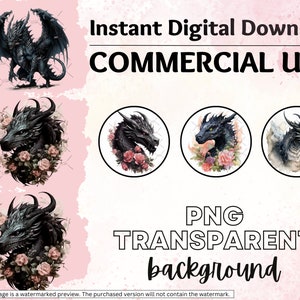 May include: Digital download of four images featuring a black dragon with pink roses. The first image shows the dragon in full, the other three show the dragon's head with roses. The text "Instant Digital Download" and "COMMERCIAL USE" is visible at the top of the image. The text "PNG TRANSPARENT background" is visible at the bottom of the image.