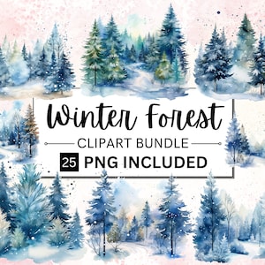 25 Clipart foresta invernale ad acquerello, Clipart bosco invernale, Paesaggi forestali invernali, PNG foresta innevata, Uso commerciale, Download digitale