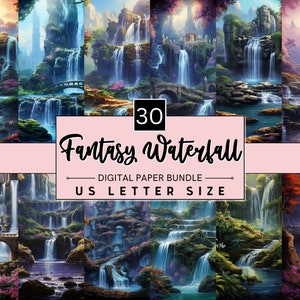 30 afdrukbaar fantasiewaterval digitaal papier, berg waterval achtergrond, magische rivier natuur landschap achtergrond JunkJournalScrapbooking