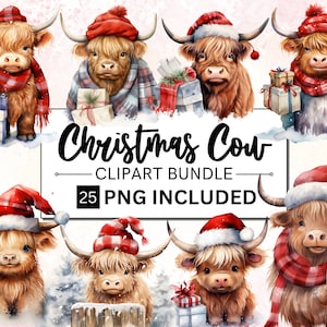25 枚の水彩画クリスマス ハイランド牛のクリップアート、冬の保育園バンドル、PNG バンドル、デジタル ダウンロード、カード作成、デジタル ペーパー クラフト