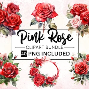 40 rote Rosen Clipart transparente Png, Rosen und Blätter PNG, Aquarell Blumenrand, rosa Rosen Clipart, rosa Hochzeit Clip Art