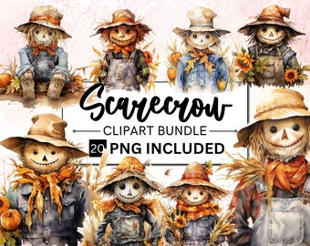 20 Watercolor Scarecrow Clipart. Autumn Clipart. PNG. Transparent Background. Junk Journal. Scrapbook Clipart. Sublimation. Fall Clipart