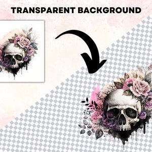 May include: A white skull with a pink and purple floral crown, watercolor painted with dripping paint effects.