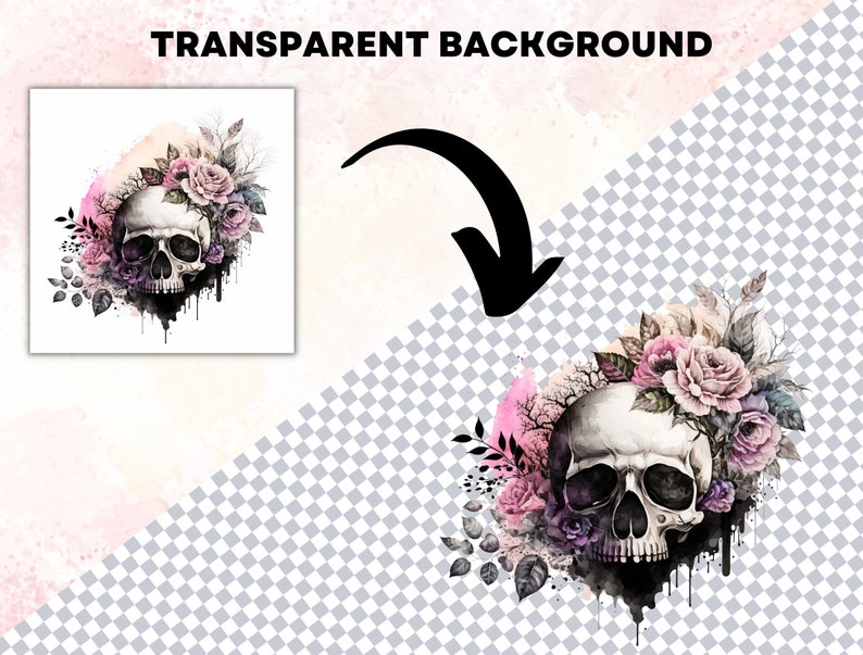 May include: A white skull with a pink and purple floral crown, watercolor painted with dripping paint effects.