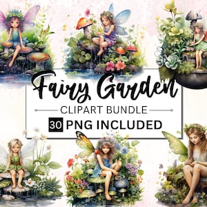 30 PNG acuarela jardín de hadas clipart, paquete PNG de hadas del bosque encantado, gráficos de cuento de hadas, pequeñas hadas florales Fairyland Clip art
