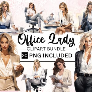 20 bundle di clipart acquerello di Office Lady, PNG trasparenti, download digitale, donna che crea biglietti, illustrazione clipart di Lady Boss CommercialUse