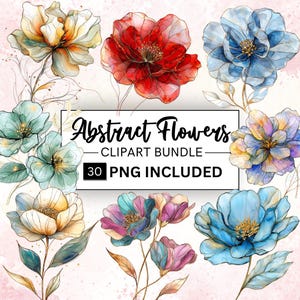 Paquete de 30 imágenes prediseñadas de flores abstractas de acuarela, flores secas PNG, imágenes prediseñadas de flores de acuarela, manualidades de papel, diarios basura, descarga instantánea