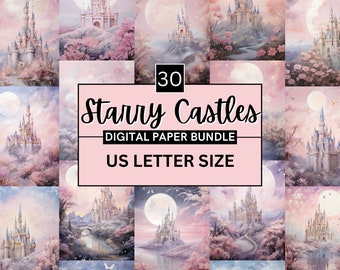 Starry Castle Digital Paper, Princess Scrapbooking, Fairytale Cards (PDF)