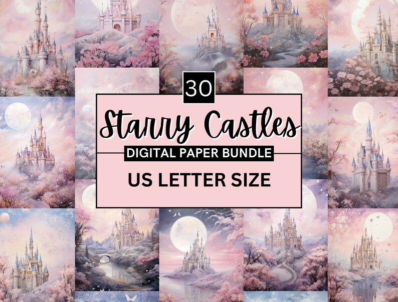 Starry Castle Digital Paper, Princess Scrapbooking, Fairytale Cards ...