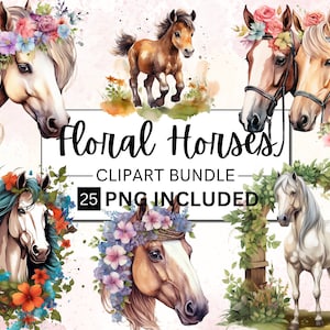 25 PNG Aquarell Blumen Pferd Clipart, Pferd mit Blumen PNG Bundle, Pferd Sublimationsdesigns, Pferd Illustration, Fantasy Pferd Clip Art