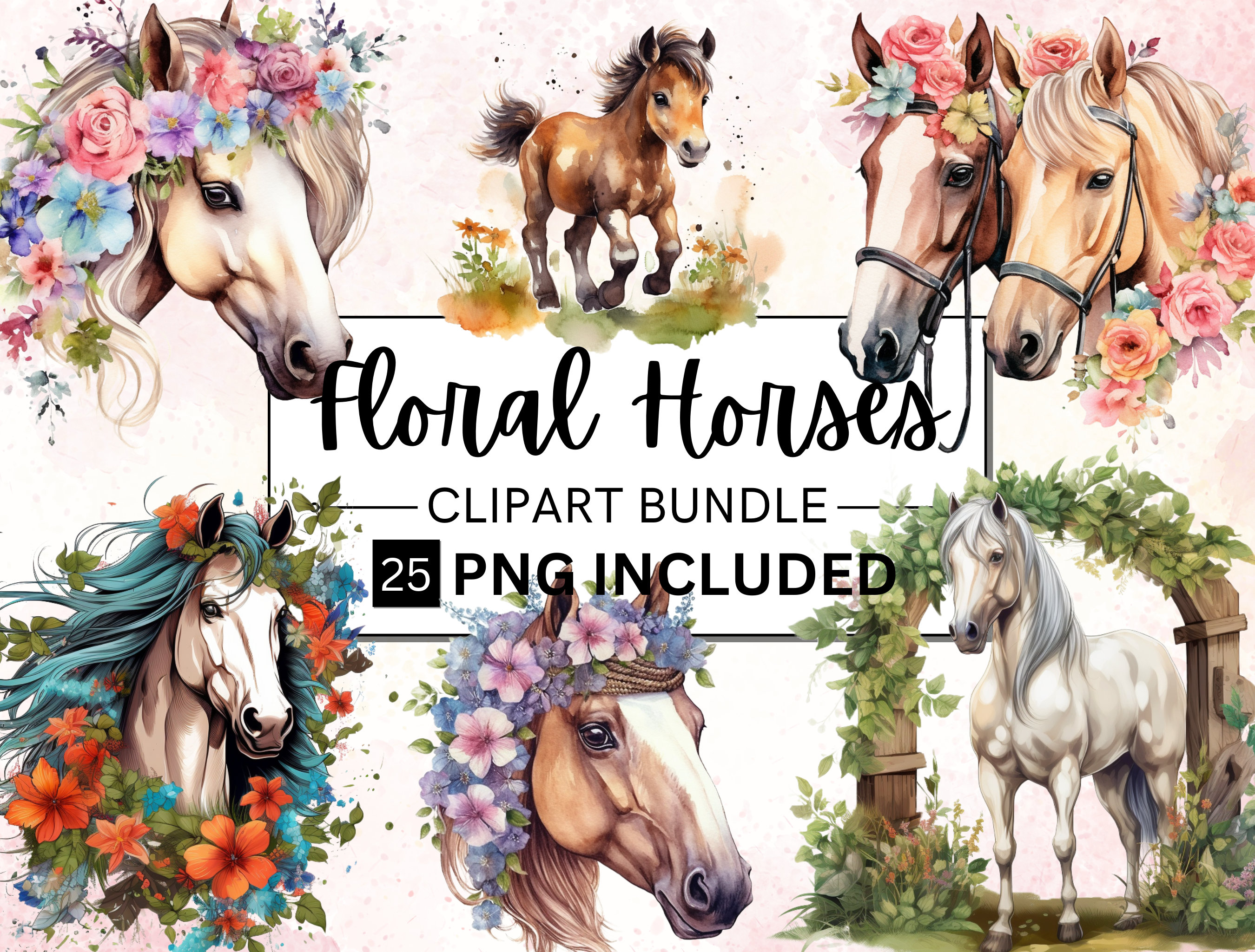 25 PNG Watercolor Floral Horse Clipart Horse With Flowers PNG Etsy