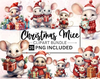 May include: A digital clipart bundle of 25 Christmas mice in various poses. The mice are wearing red and white Santa hats, scarves, and sweaters. Some are holding gifts, mugs, and holly.