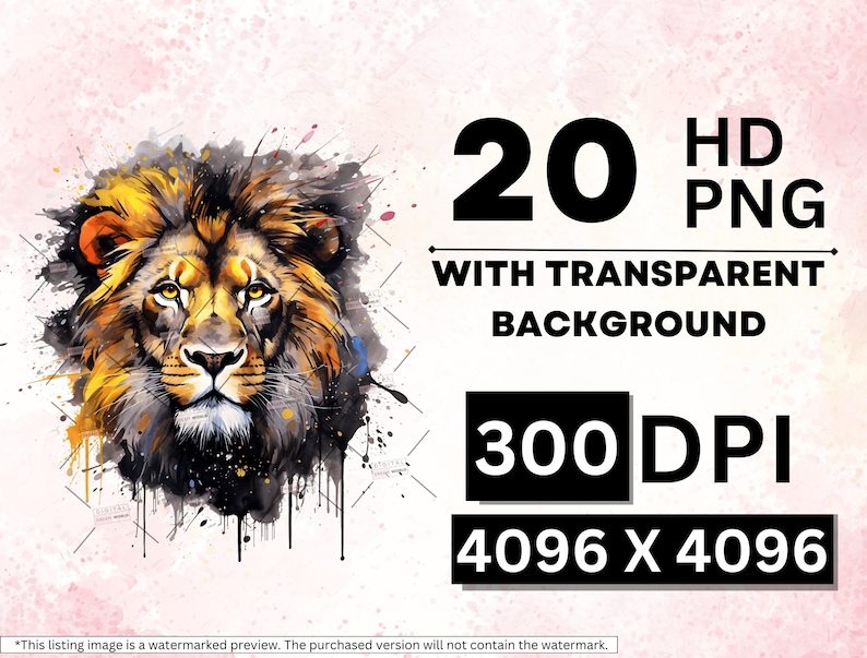May include: A watercolor painting of a lion's head with a splash of color in the background. The image is labeled with "20 HD PNG with Transparent Background 300 DPI 4096 X 4096".