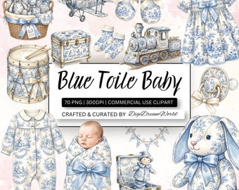 70 Blue Toile Baby Clipart Bundle, Baby Shower PNG, Vintage Nursery Clipart, Blue Baby PNG, French Toile Clipart, Boy Baby Clipart Digital