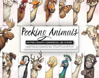 140 Peeking Animals Clipart Bundle, Funny Animal PNG, Cute Animal Clipart, Animal Faces PNG, Cartoon Animal Clipart, Peeking PNG Commercial