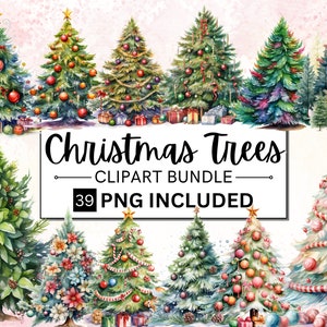 39 Clipart di alberi di Natale ad acquerello, PNG di alberi di Natale innevati, Clipart di alberi di pino di Natale, Clipart di alberi di Natale invernali e regali PNG
