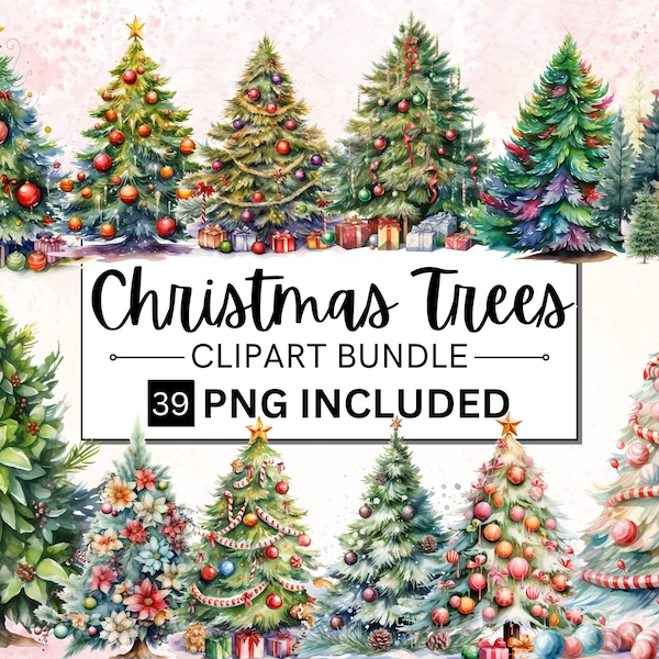 39 Watercolor Christmas Trees Clipart, Snowy Christmas Tree PNG, Christmas Pine Tree Clipart, Winter Christmas Tree and Gifts Cliparts PNG