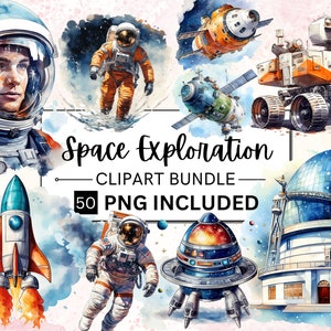 50 Bundle di clipart ad acquerello spaziale PNG, astronave, astronauta, pianeti, razzi, galassia a spirale, osservatorio, UFO, illustrazioni PNG di astronauta
