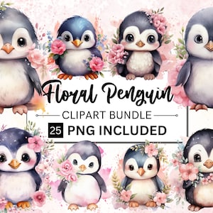 25 Watercolor Cute Baby Penguins Clipart Bundle, Floral Baby Penguin PNG, Winter Baby Animals, Watercolor Penguins, Instant Digital Download