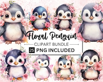 Watercolor Baby Penguin Clipart, Floral PNG Bundle (Digital Download)