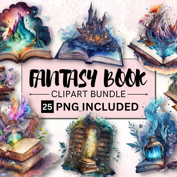 25 PNG Watercolor Fantasy Books Clipart, Book Bundle PNG, Retro vintage books stacklibrary clip art, Open Book Clip Art, Old Magic Books