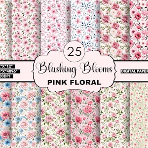 25 Watercolor Pink Floral Printable Seamless Digital Paper, Watercolor Flower Backgrounds, Seamless Shabby Chic Commercial Digital Download
