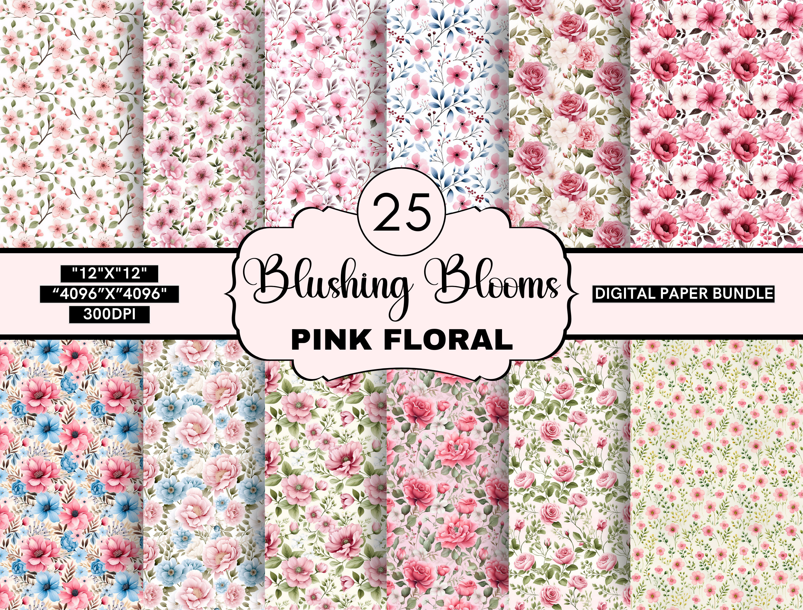 25 Watercolor Pink Floral Printable Seamless Digital Paper, Watercolor ...
