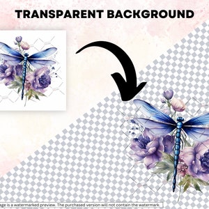 May include: A watercolor illustration of a blue dragonfly with purple flowers. The dragonfly is in the center of the image and the flowers are surrounding it. The background is transparent.