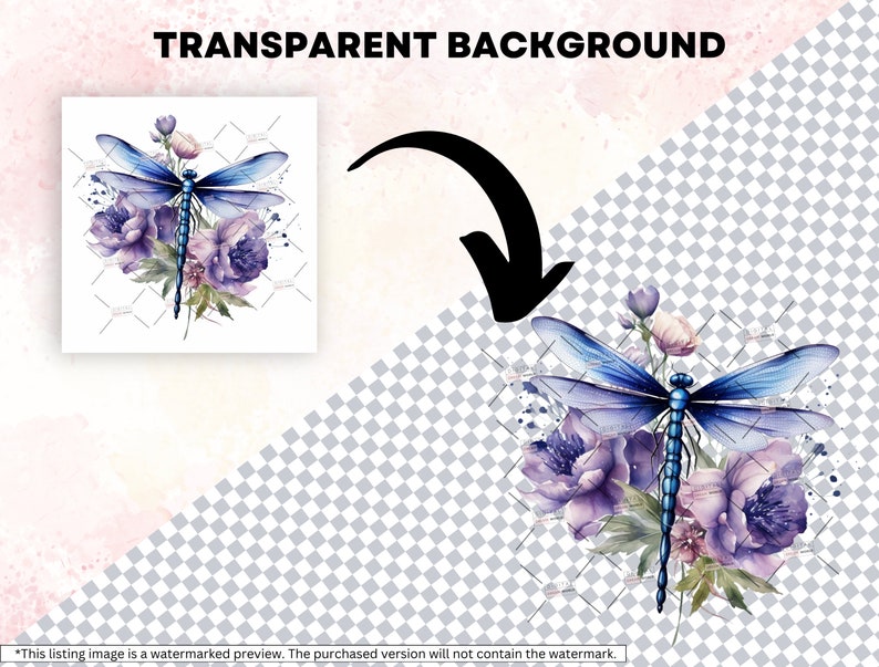 May include: A watercolor illustration of a blue dragonfly with purple flowers. The dragonfly is in the center of the image and the flowers are surrounding it. The background is transparent.