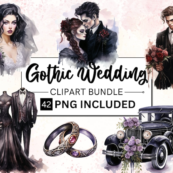 42 PNG Watercolour Gothic Wedding Clipart, Dark Fantasy Wedding Clip art, Dreamy Wedding Day png bundle, gothic illustration commercial use