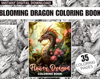 35 Libro para colorear de fantasía de dragón de flores, páginas para colorear para adultos y niños, páginas para colorear en escala de grises, páginas para colorear de fantasía, libro para colorear imprimible